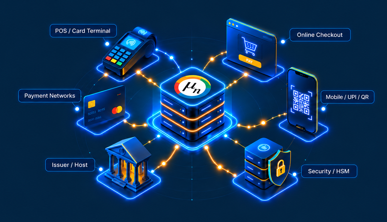 Payment network diagram: POS/card terminal, online checkout, mobile UPI/QR, security/HSM and issuer/host all connecting through the muNSwitch core